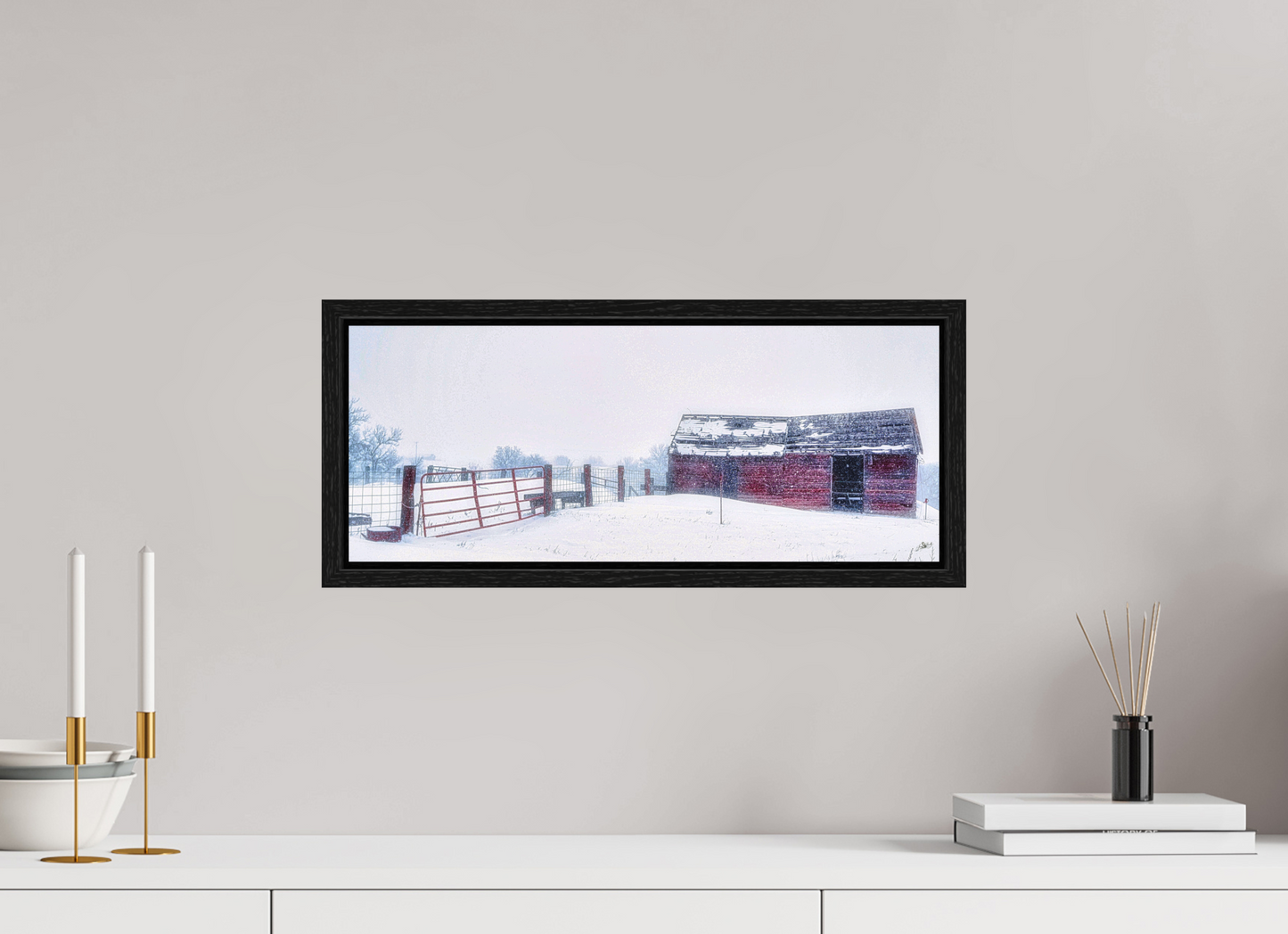 20 x 8″, Floater Frame Red on White
