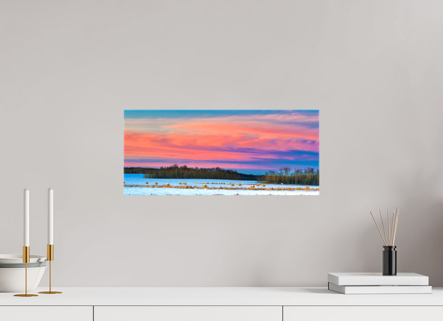 18.7 x 8″, Stretched Canvas Hay Bales on Winter Morn