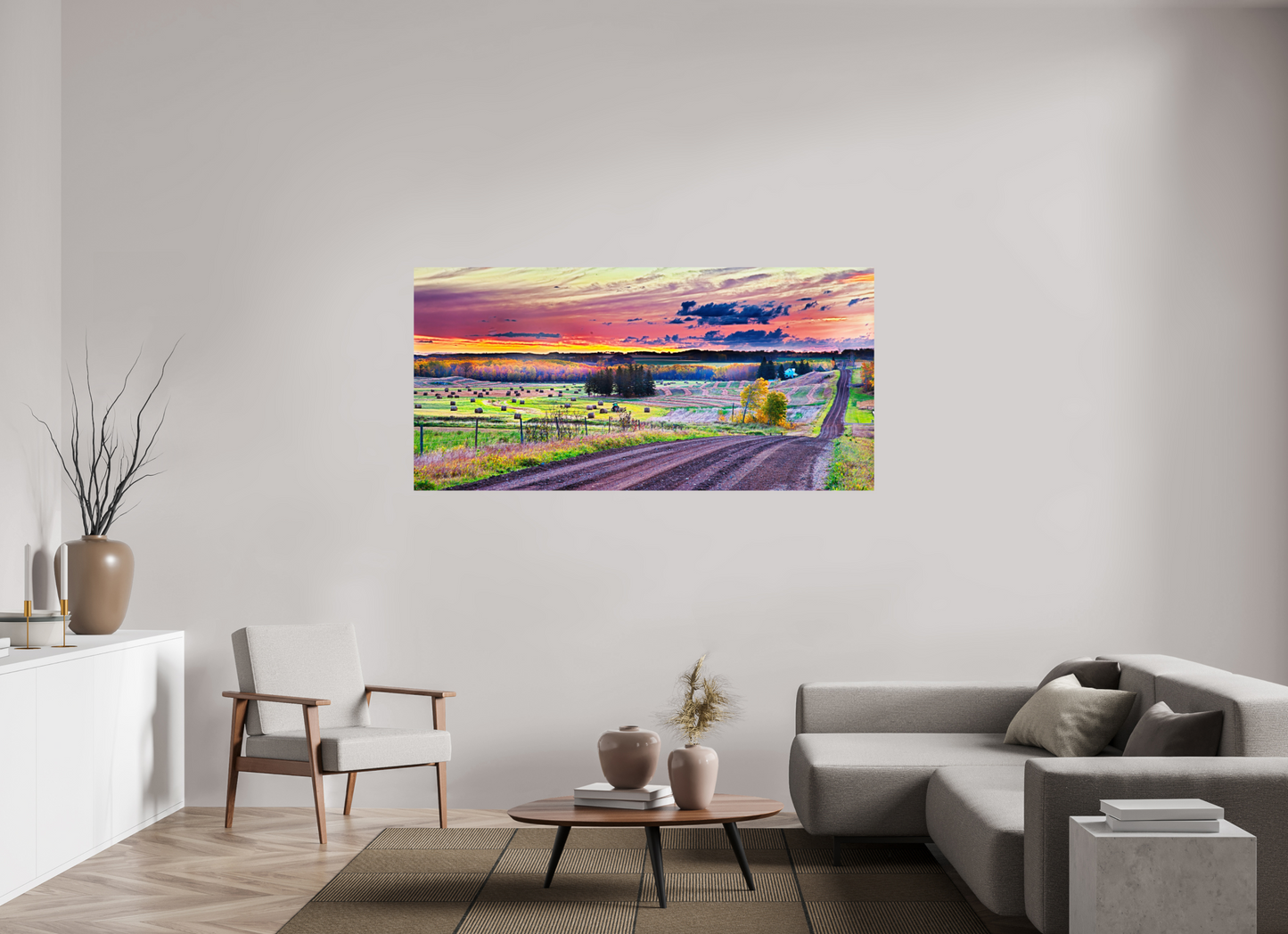 72.1 x 35″, Metal Prints Sunrise over Hay Harvest