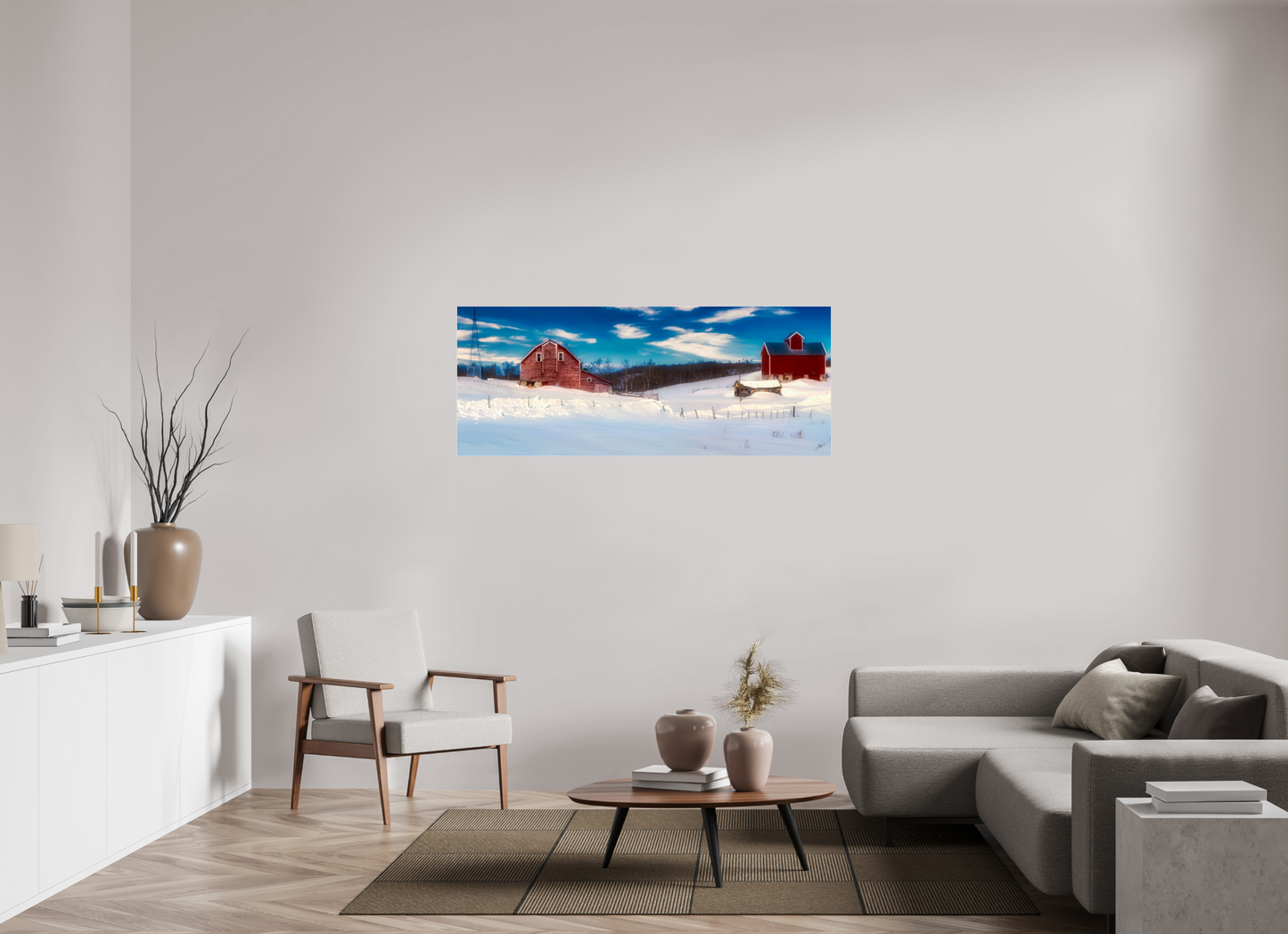 60 x 24″, Acrylic Glass. .16 thick Red Barn in Winter