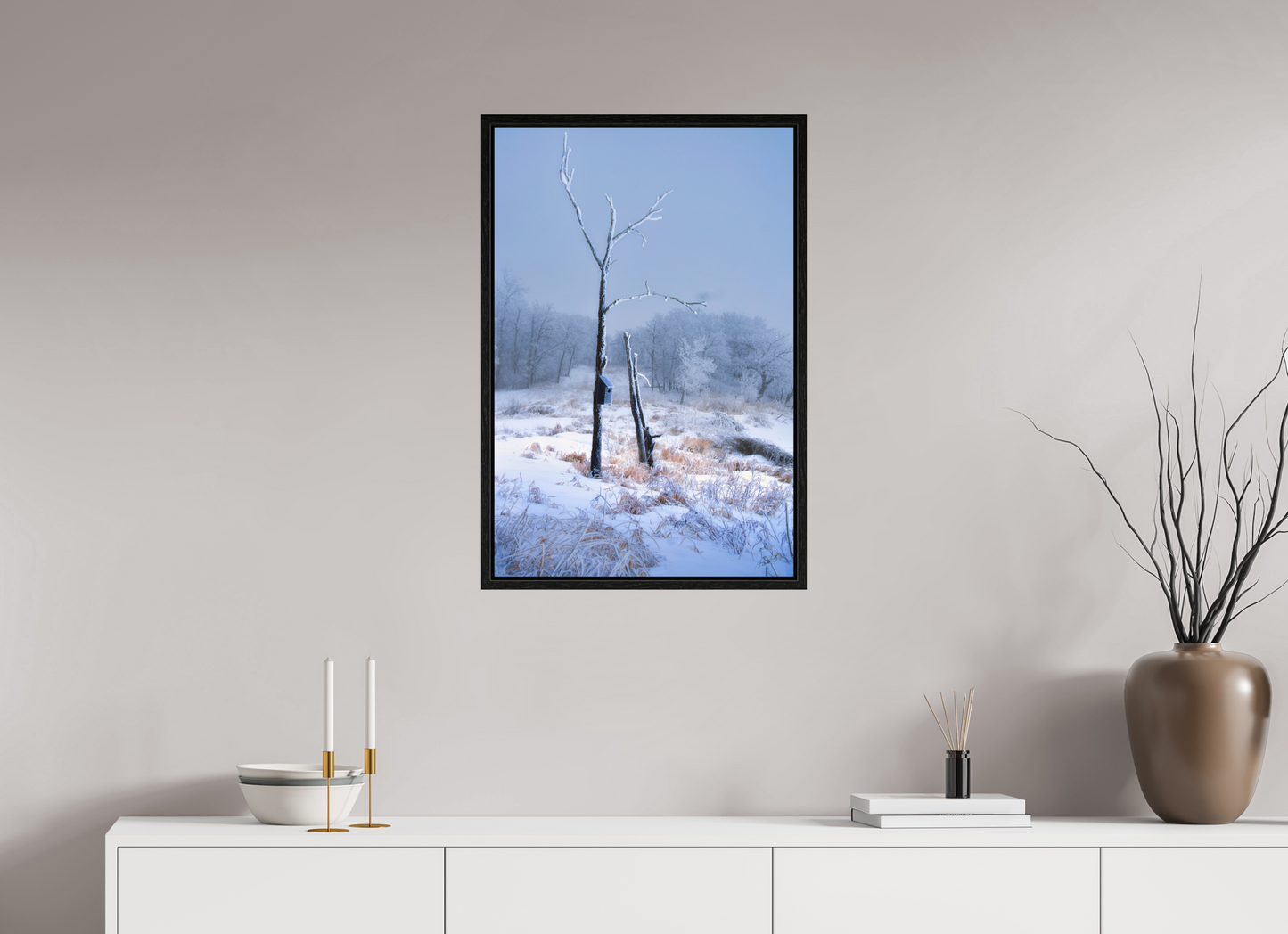 20 x 30″, Floater Frame Birds Nest in Winter 2