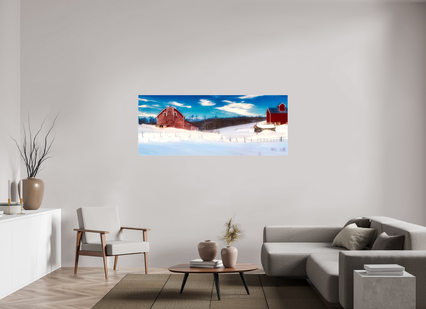 70 x 28″, Stretched Canvas Red Barn in Winter