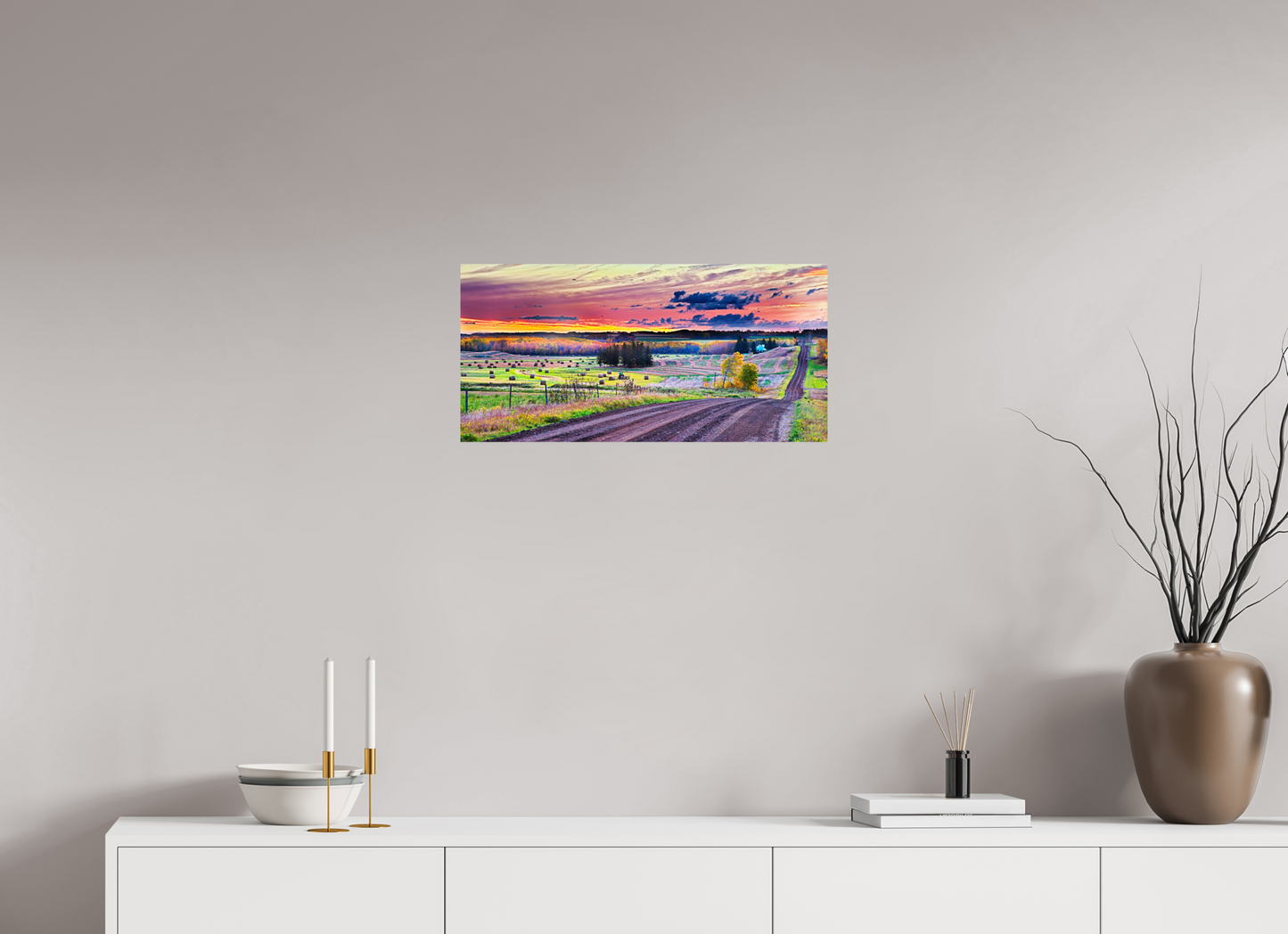 24.7 x 12″, Metal Prints Sunrise over Hay Harvest