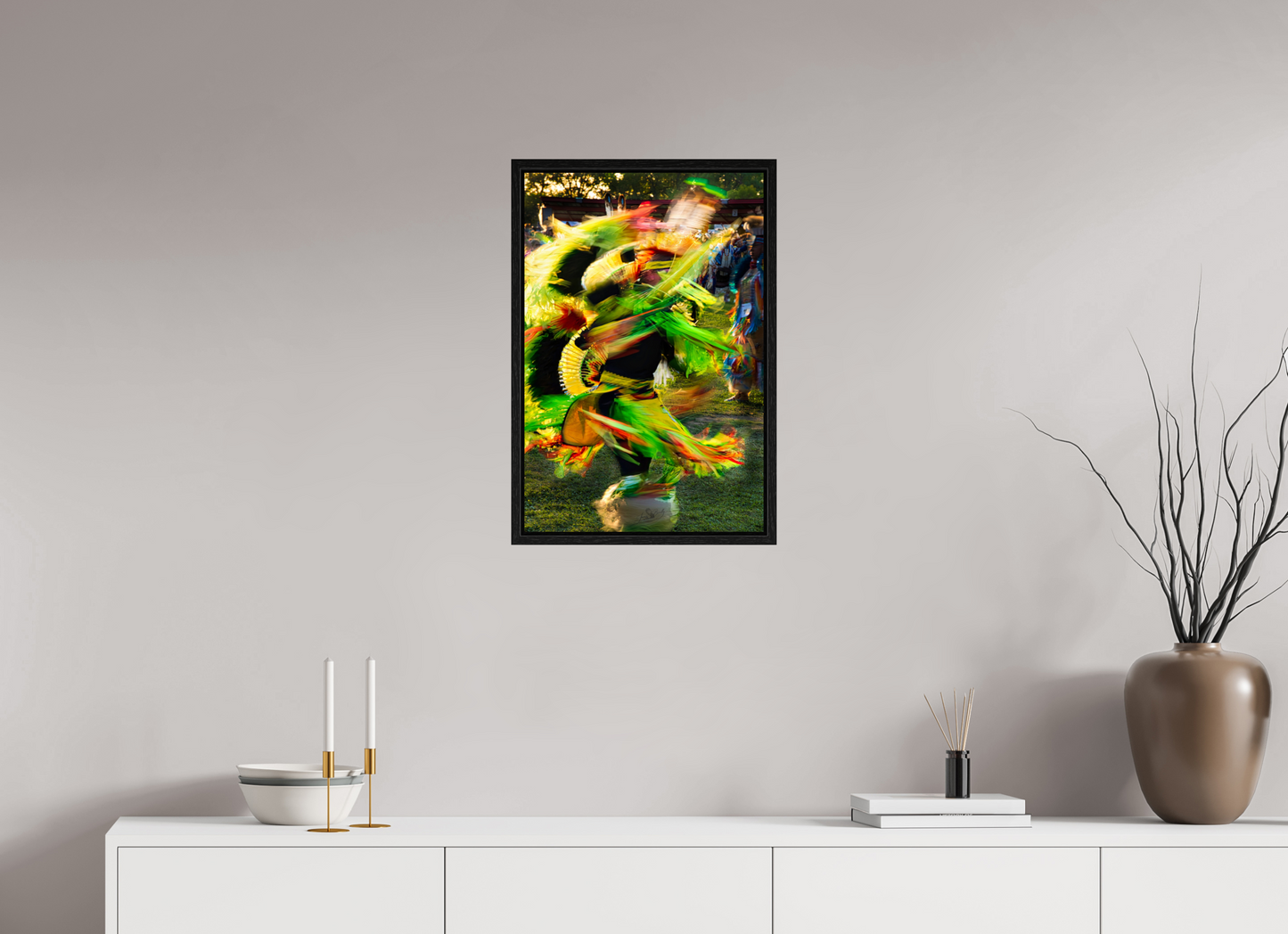 16 x 24″, Floater Frame Powwow dance in motion 1