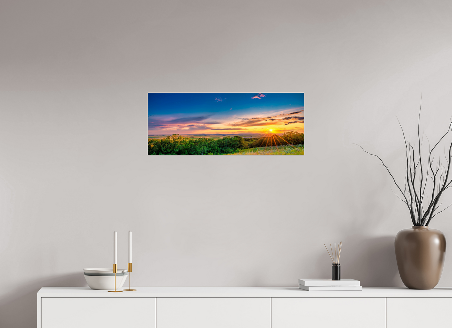 30 x 12″, Acrylic Glass. .16 thick Setting Prairie Sun