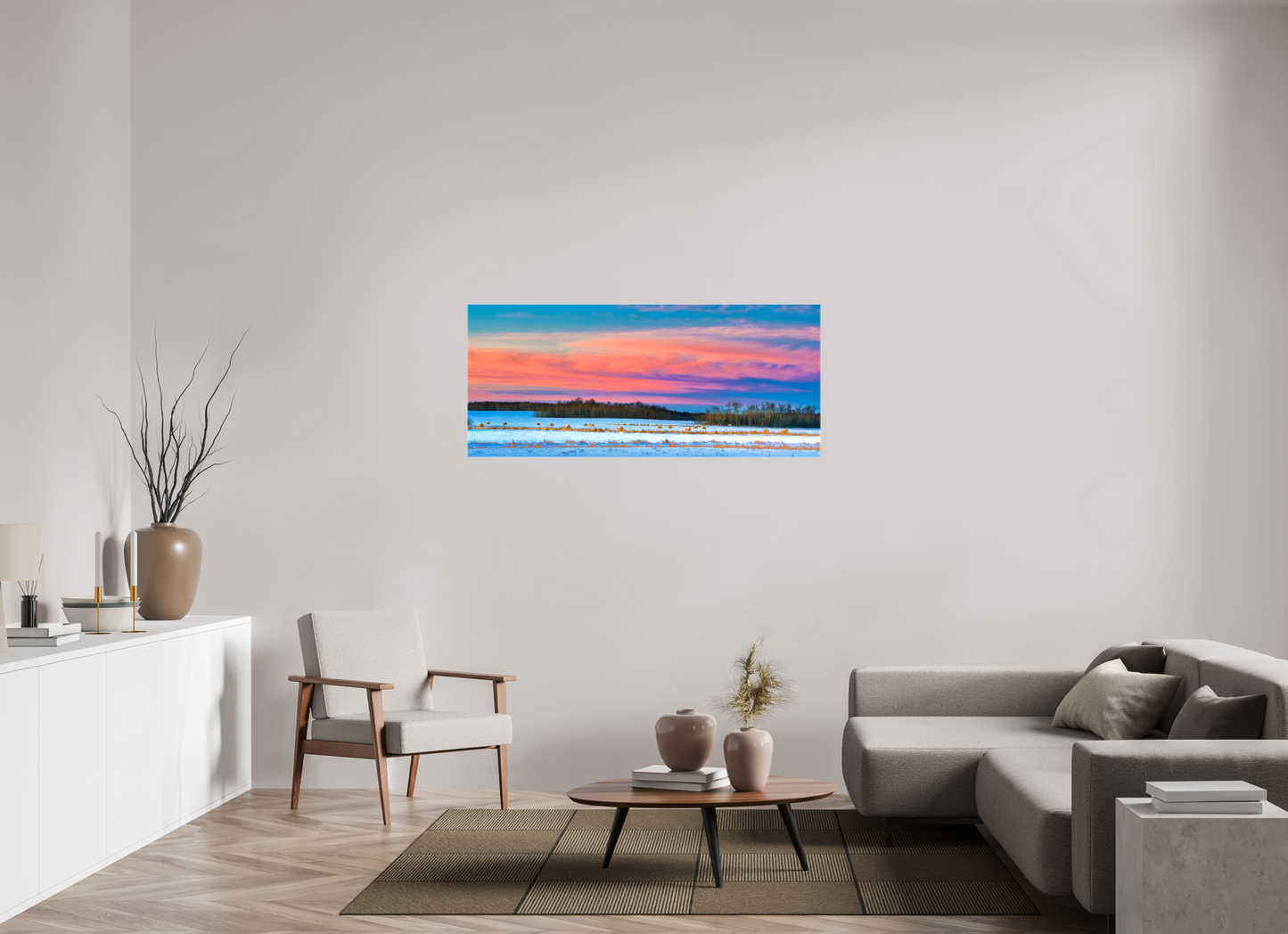 56 x 24″, Stretched Canvas Hay Bales on Winter Morn