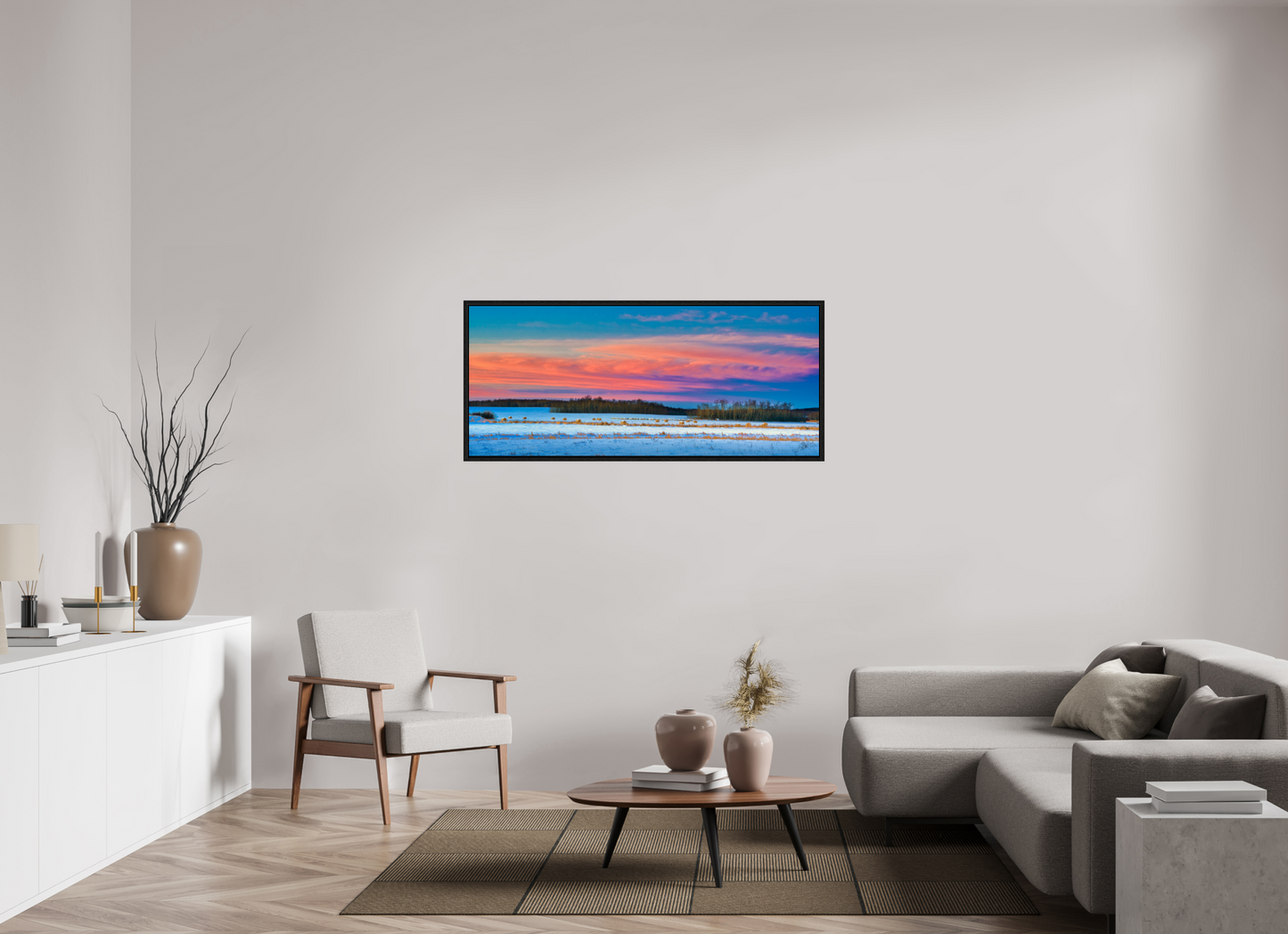 56 x 24″, Floater Frame Hay Bales on Winter Morn