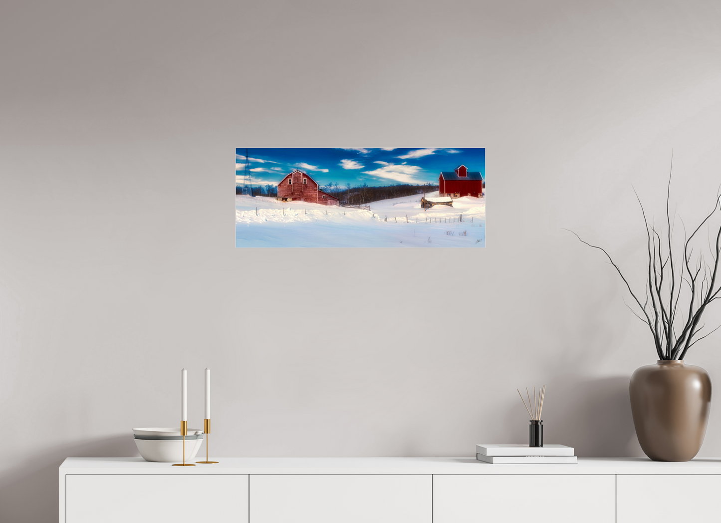 30 x 12″, Photo Print Under Acrylic Glass Red Barn in Winter Metal Acrylic Glass