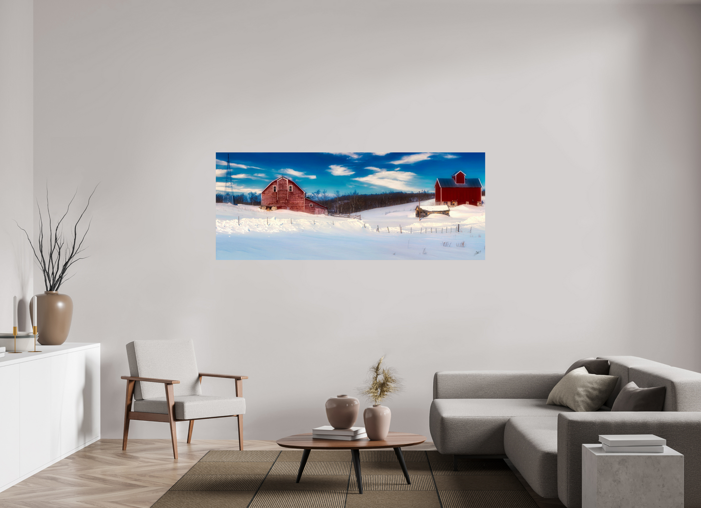 77.5 x 31″, Metal Prints Red Barn in Winter