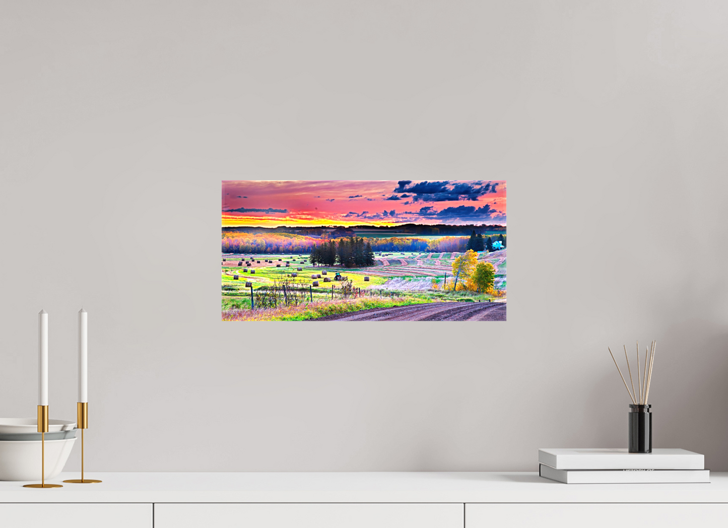 16.5 x 8″, Stretched Canvas Sunrise over Hay Harvest