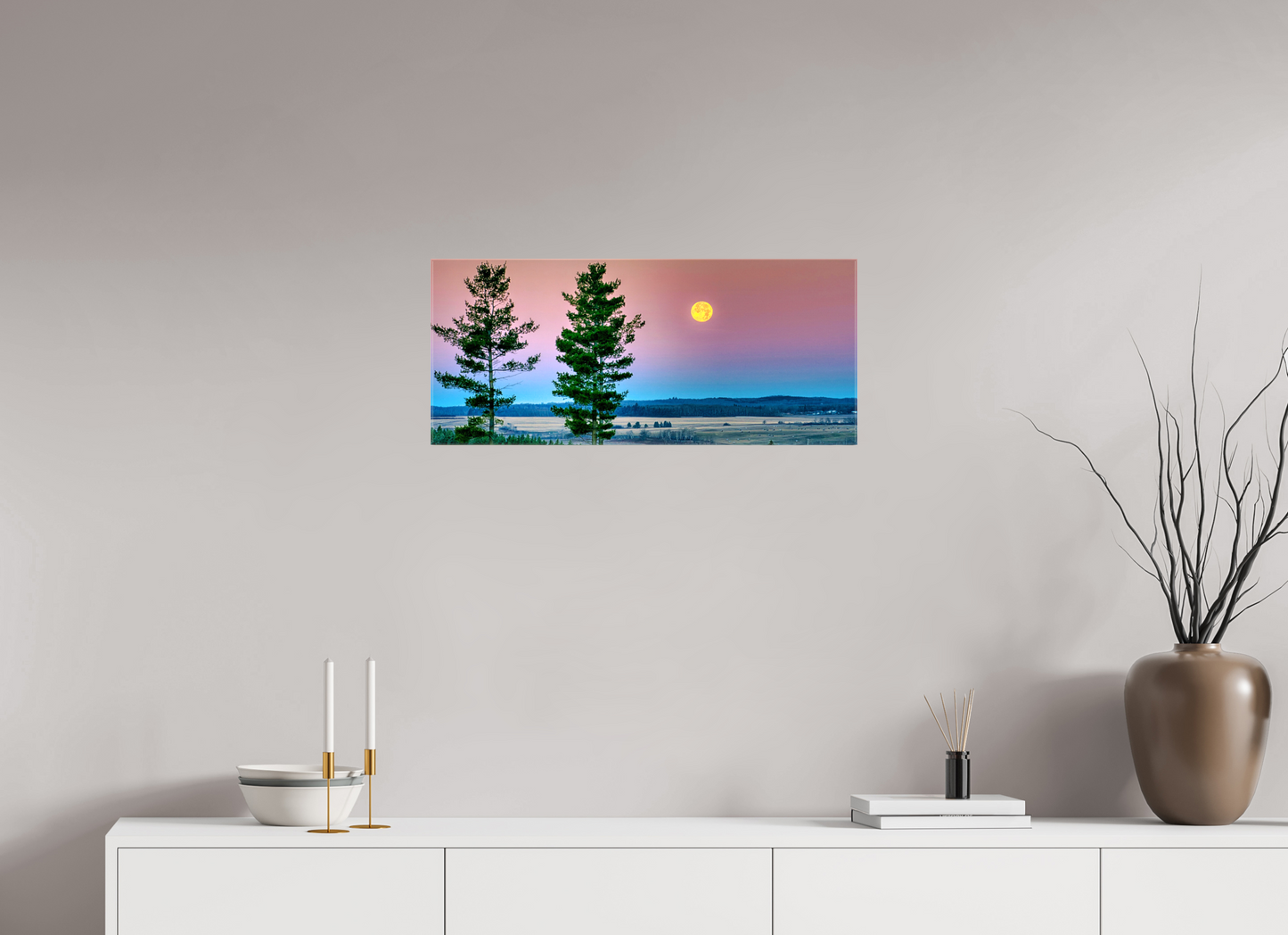 28 x 12″, Stretched Canvas Morning Prairie Moon