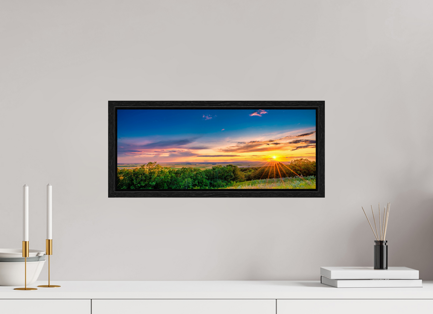 20 x 8″, Floater Frame Setting Prairie Sun