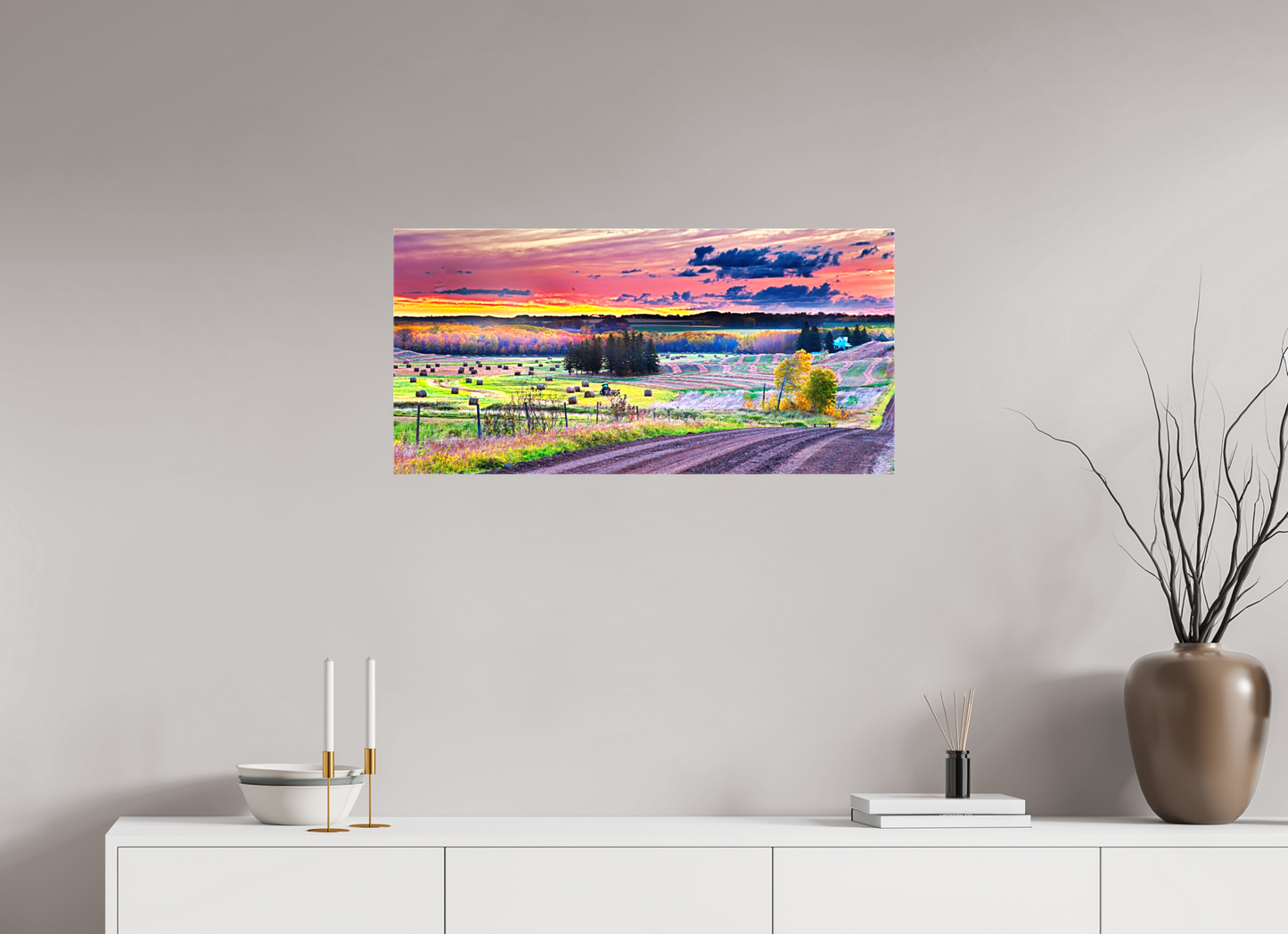 33 x 16″, Stretched Canvas Sunrise over Hay Harvest