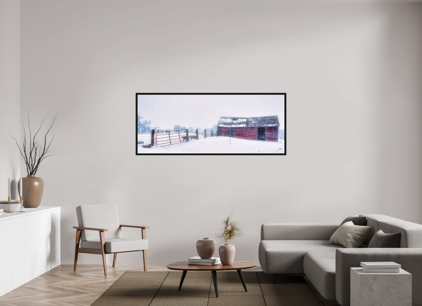 70 x 28″, Floater Frame Red on White