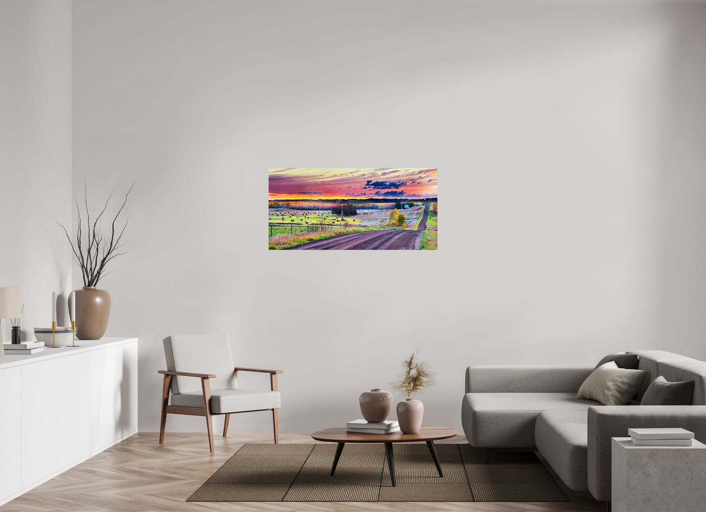 49.4 x 24″, Metal Prints Sunrise over Hay Harvest