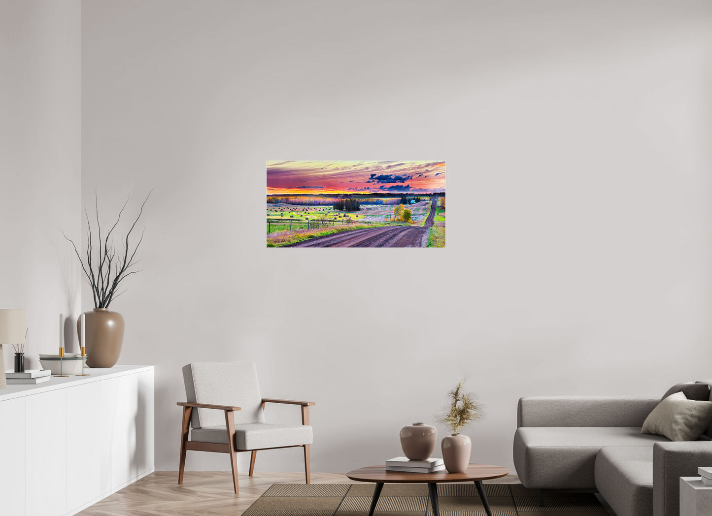 41.2 x 20″, Acrylic Glass. .16 thick Sunrise over Hay Harvest