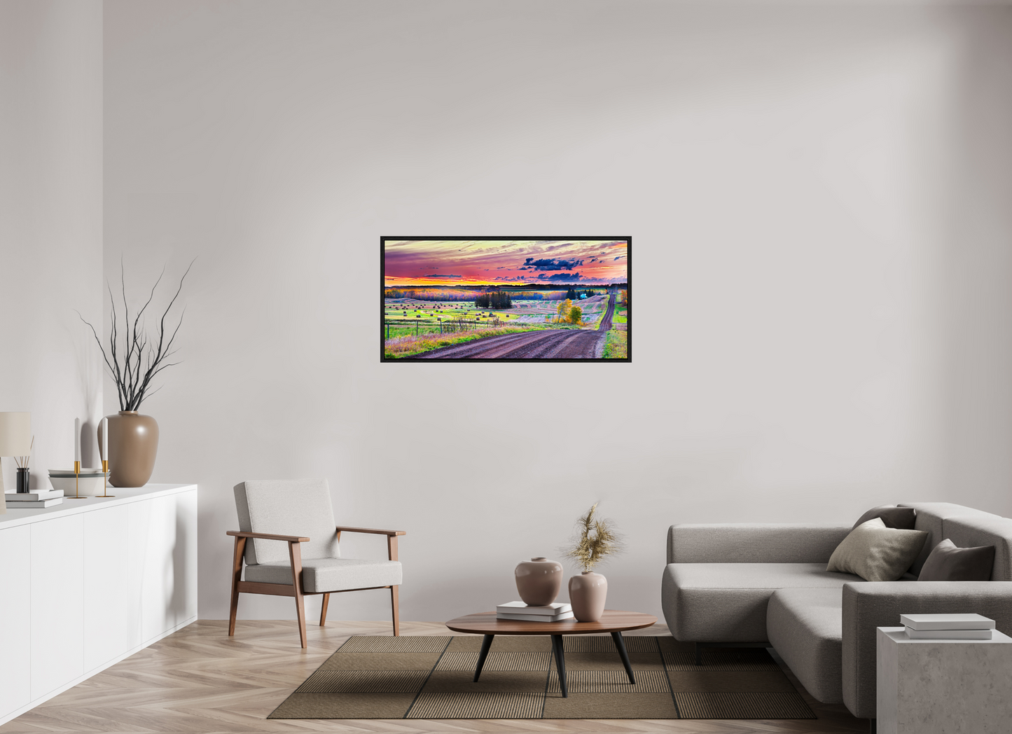 49.4 x 24″, Floater Frame Sunrise over Hay Harvest