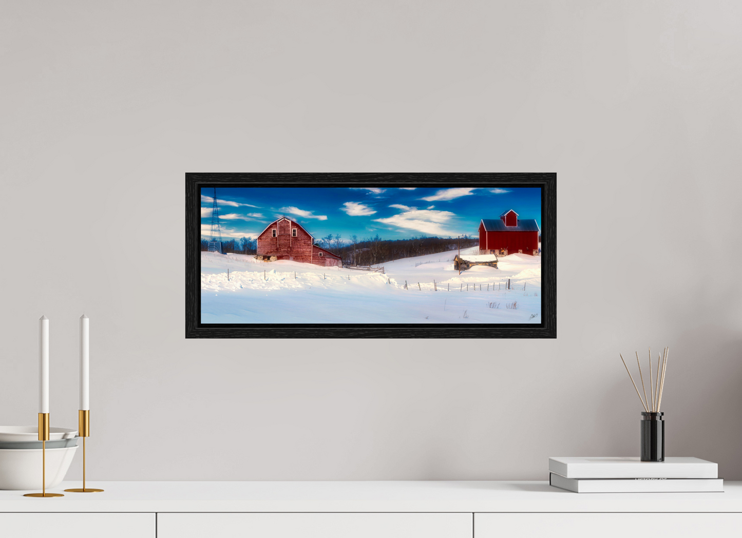 20 x 8″, Floater Frame Red Barn in Winter
