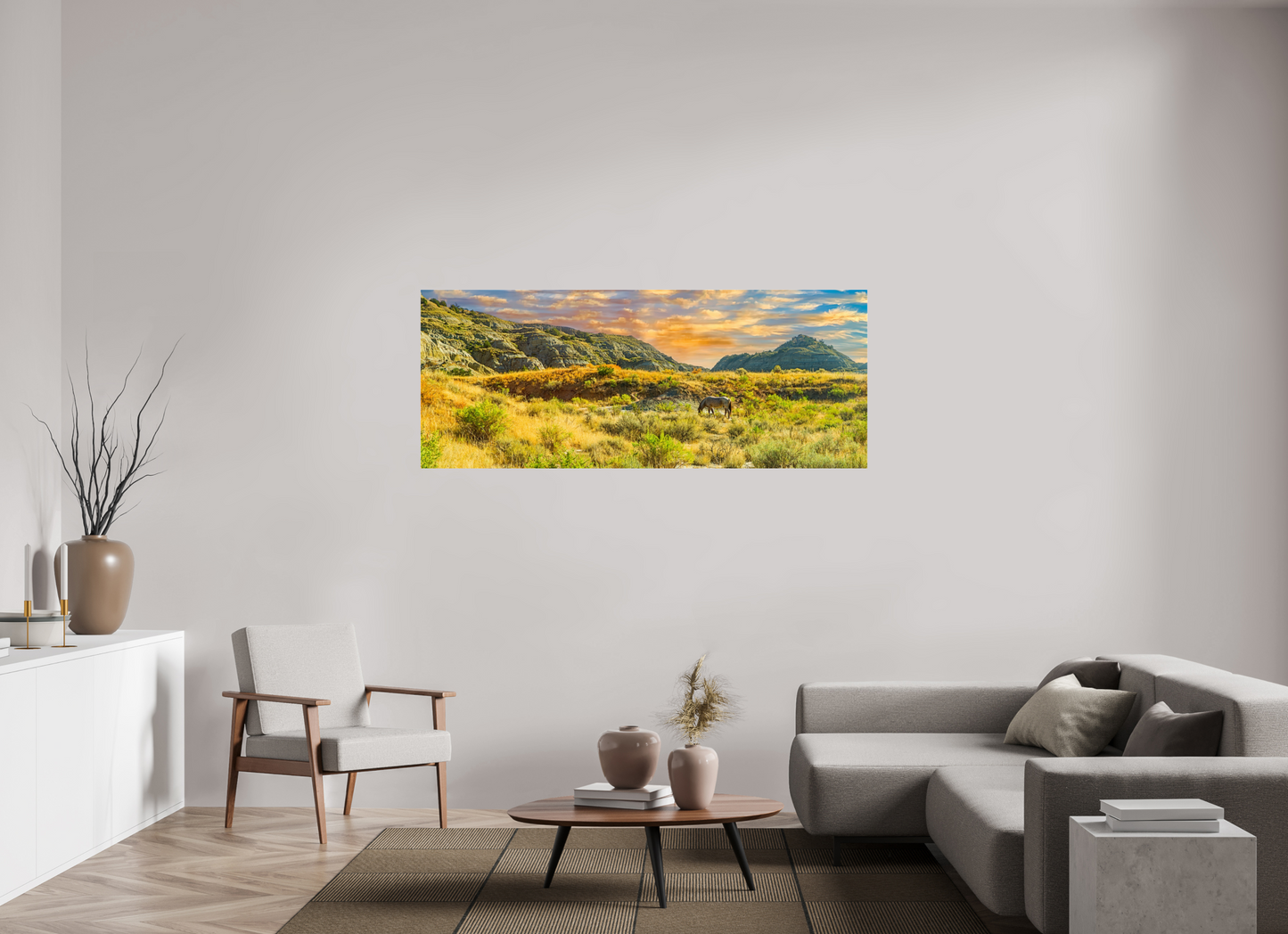 70 x 28″, Photo Print Under Acrylic Glass Badlands Horse On acrylic Glass