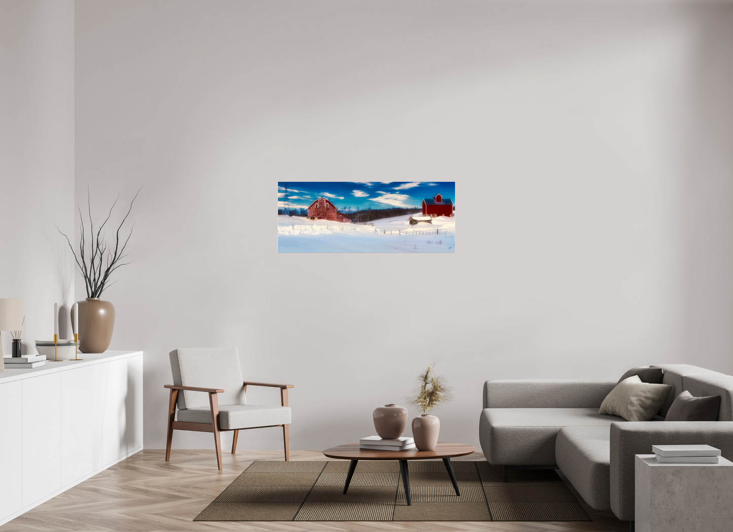 50 x 20″, Acrylic Glass. .16 thick Red Barn in Winter