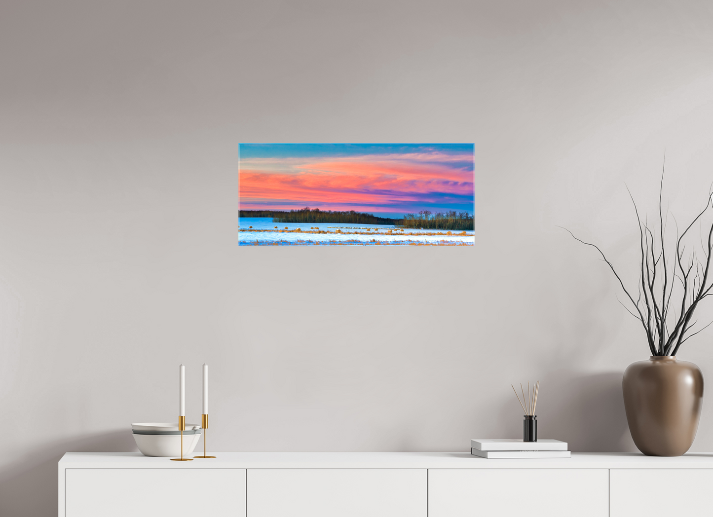 28 x 12″, Stretched Canvas Hay Bales on Winter Morn