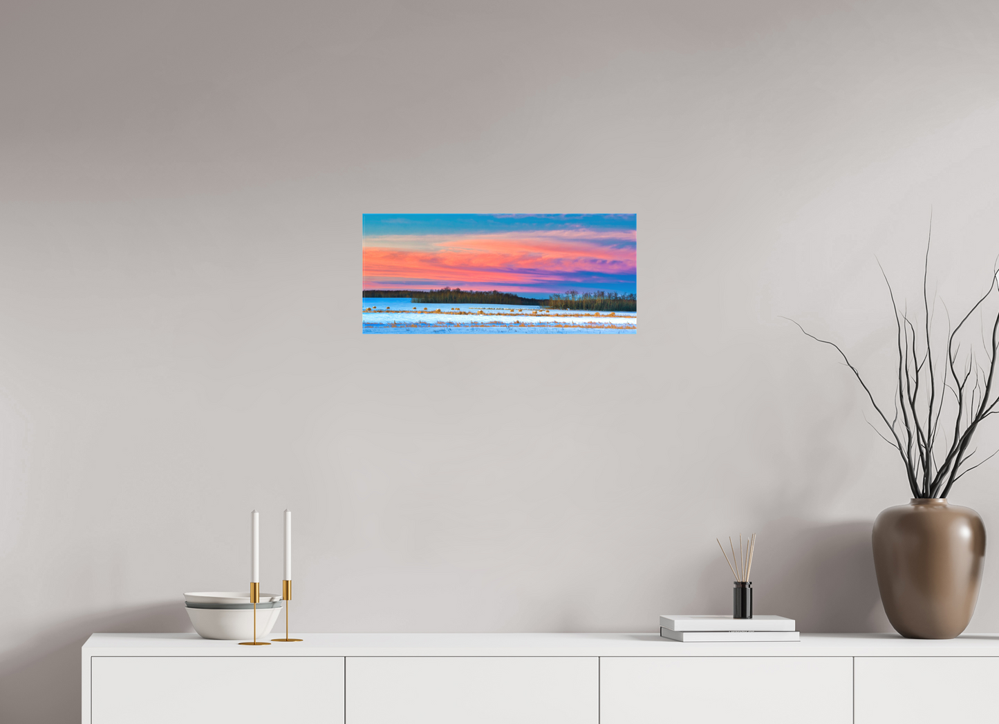 23.3 x 10″, Fine Textile Canvas Hay Bales on Winter Morn