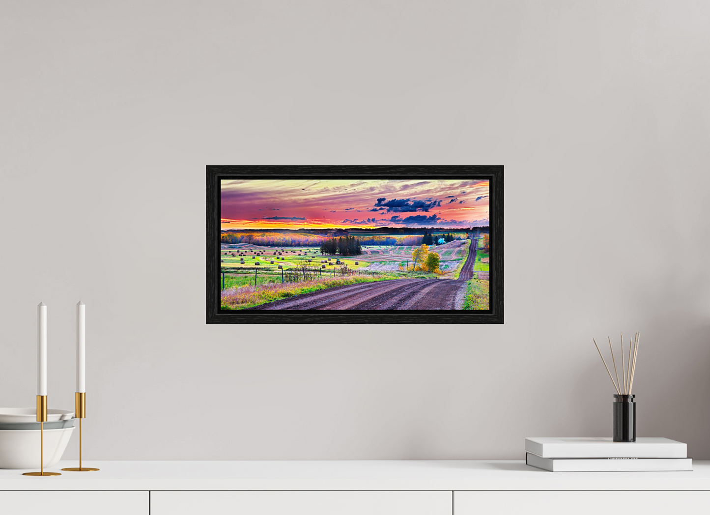 16.5 x 8″, Floater Frame Sunrise over Hay Harvest