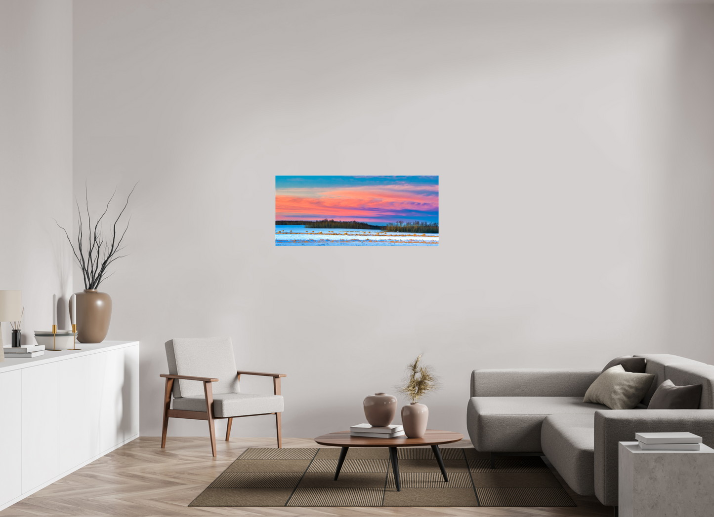 46.7 x 20″, Stretched Canvas Hay Bales on Winter Morn