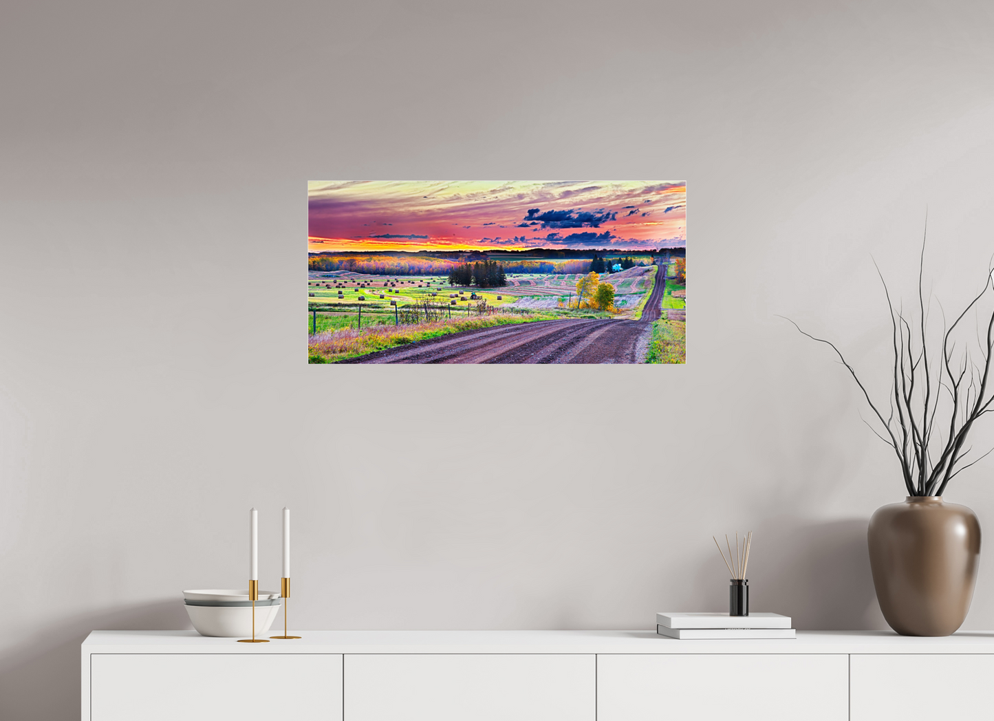 33 x 16″, Acrylic Glass. .16 thick Sunrise over Hay Harvest