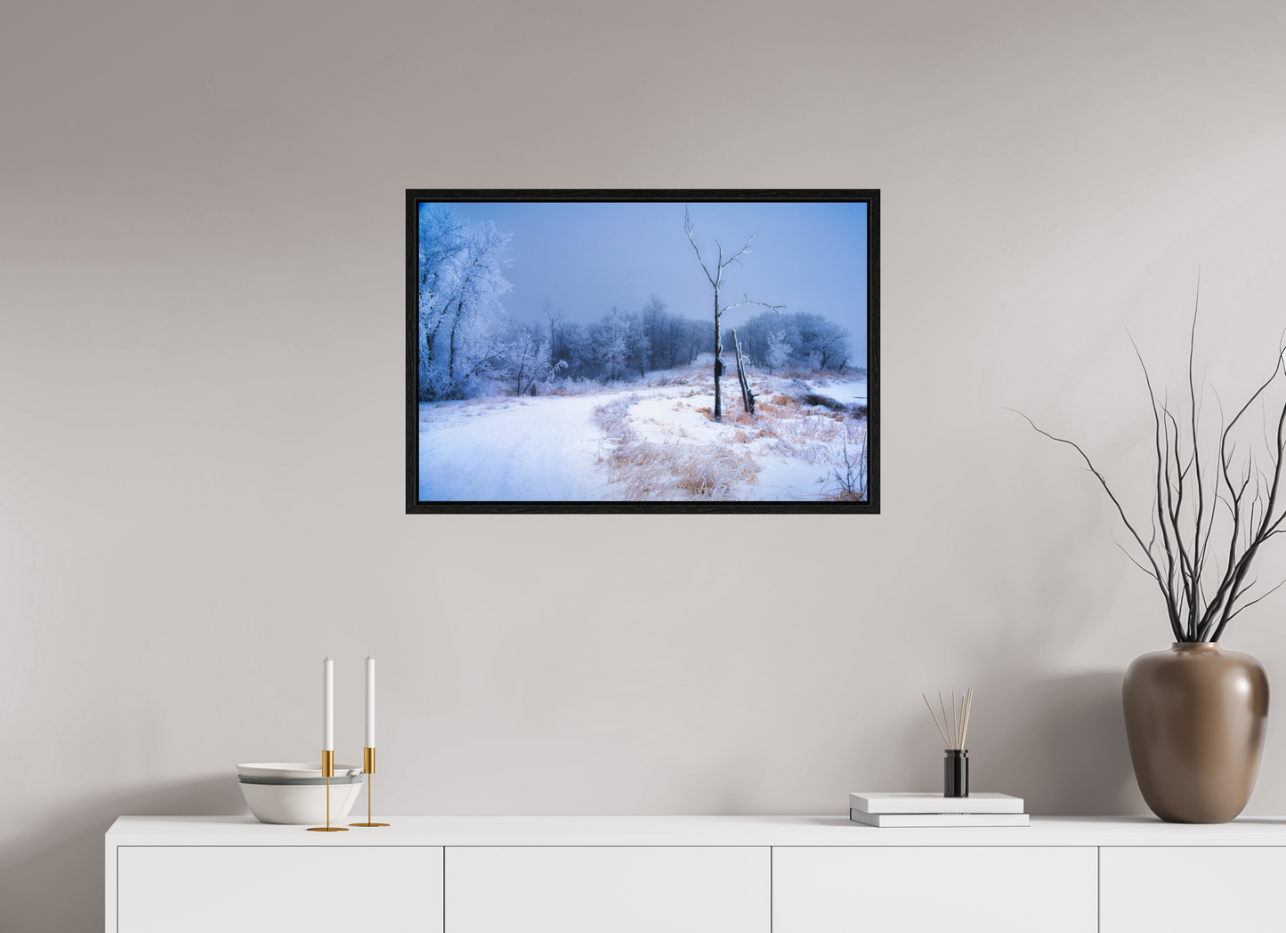 30 x 20″, Floater Frame Birds Nest in Winter