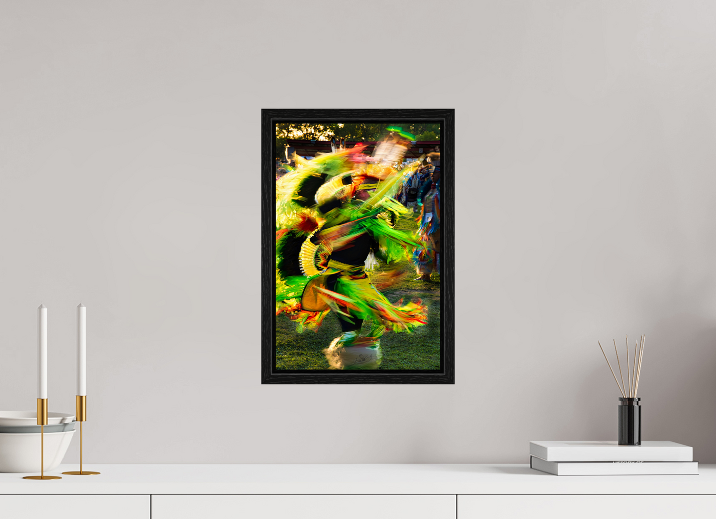 10 x 15″, Floater Frame Powwow dance in motion 1