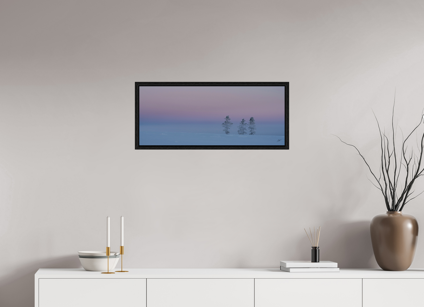 29.5 x 12″, Floater Frame Three Pines of Winter