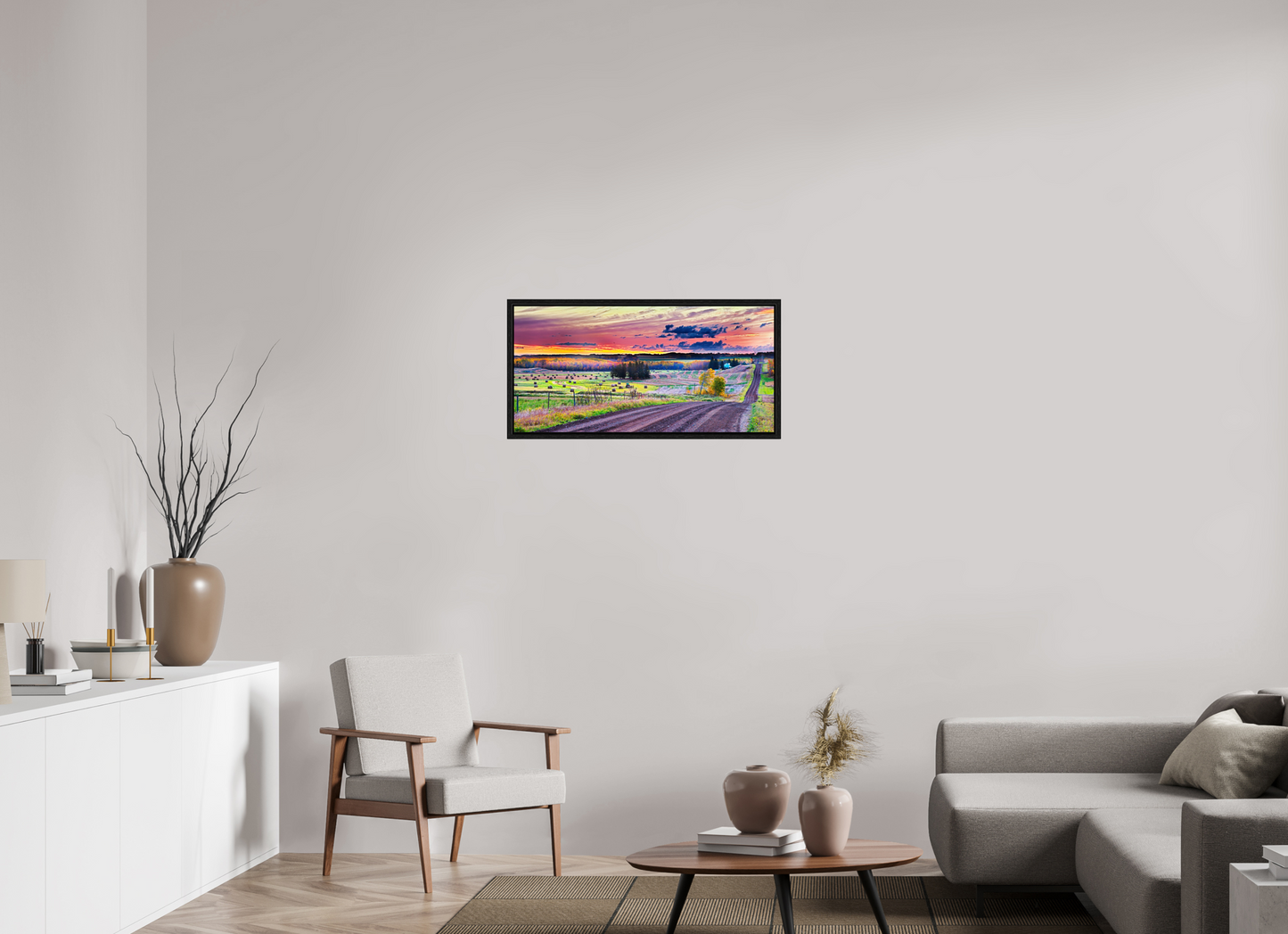 33 x 16″, Floater Frame Sunrise over Hay Harvest