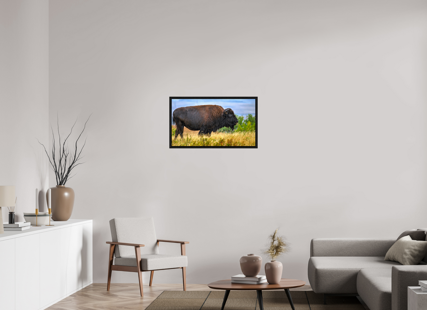 32 x 18″, Floater Frame Medora Bison in Rain Metal Acrylic Glass