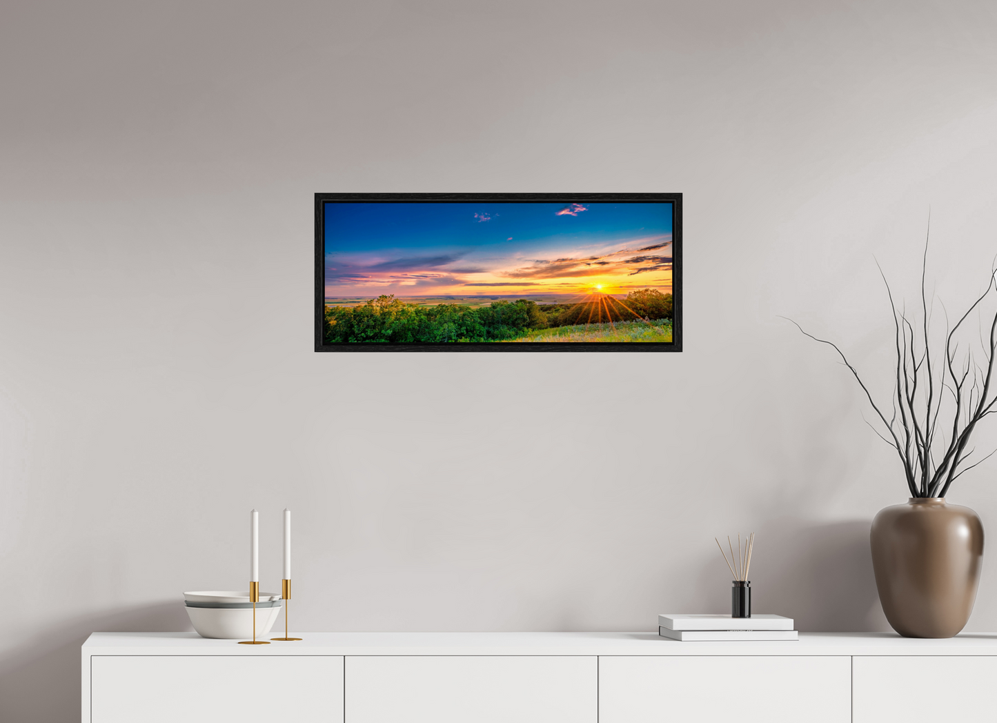 30 x 12″, Floater Frame Setting Prairie Sun