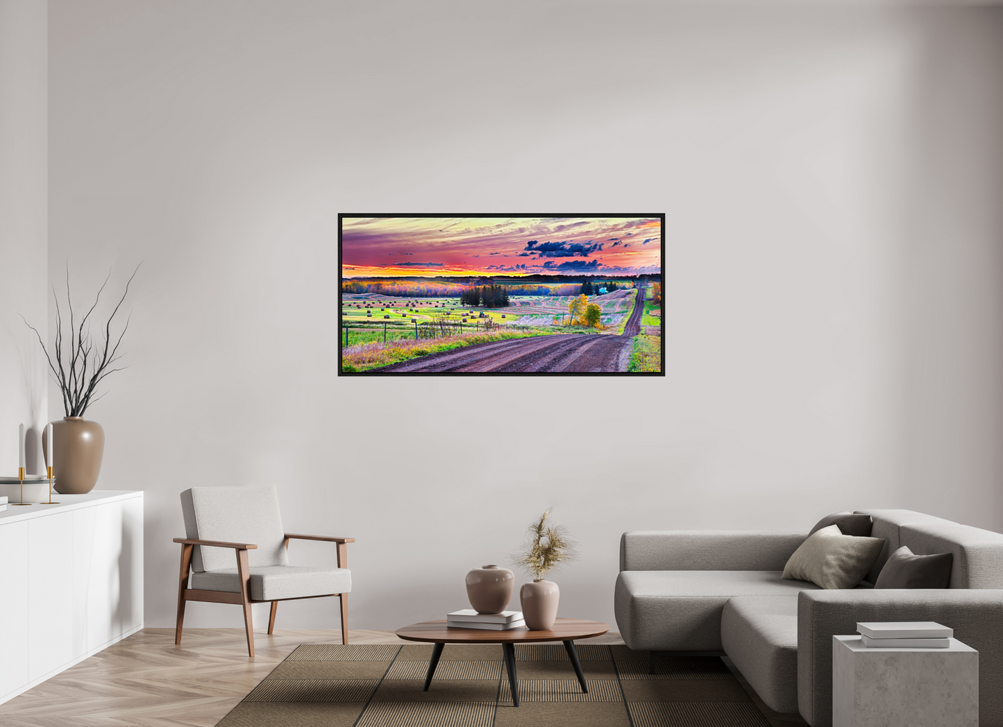 63.9 x 31″, Floater Frame Sunrise over Hay Harvest