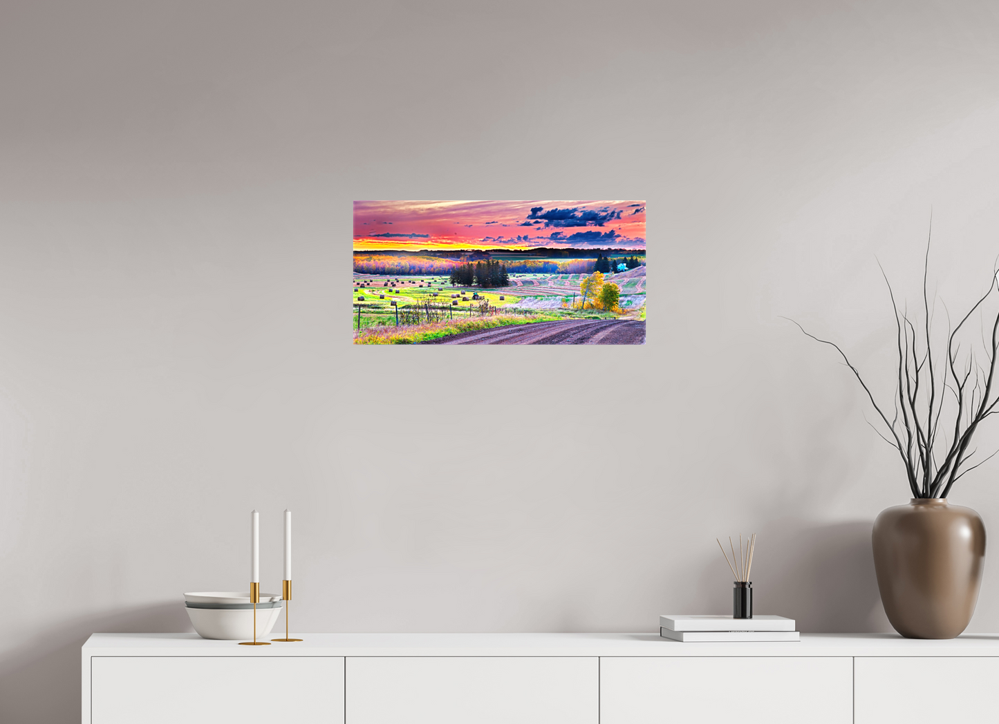 24.7 x 12″, Stretched Canvas Sunrise over Hay Harvest