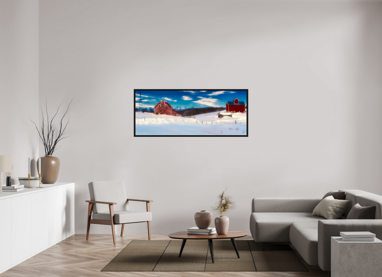 60 x 24″, Floater Frame Red Barn in Winter