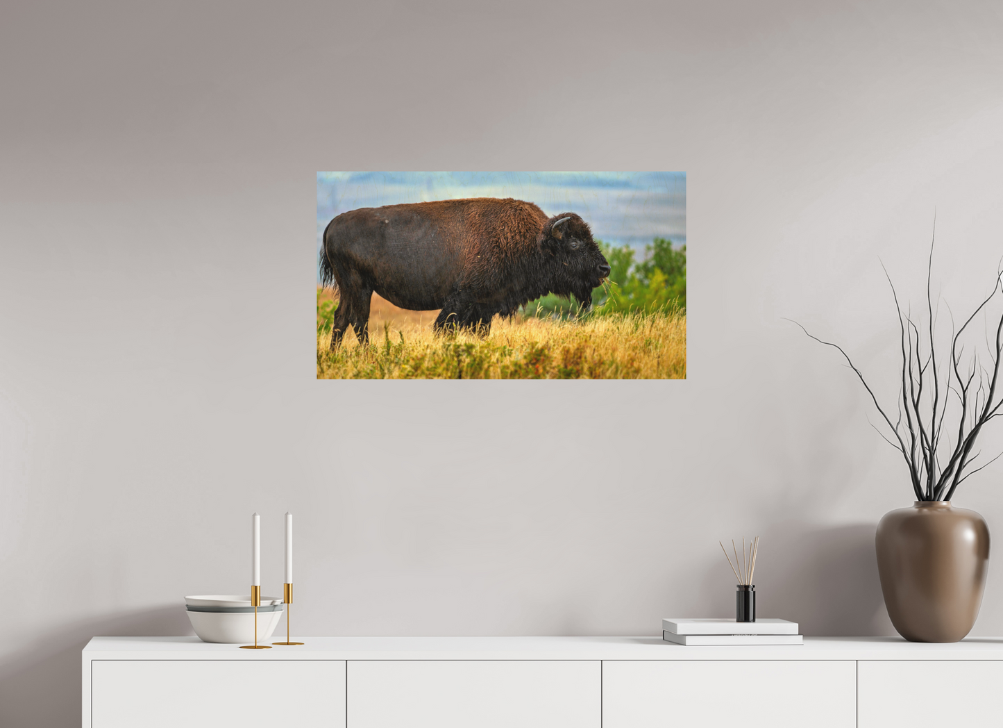 32 x 18″, Wood Print Medora Bison in Rain Metal Acrylic Glass
