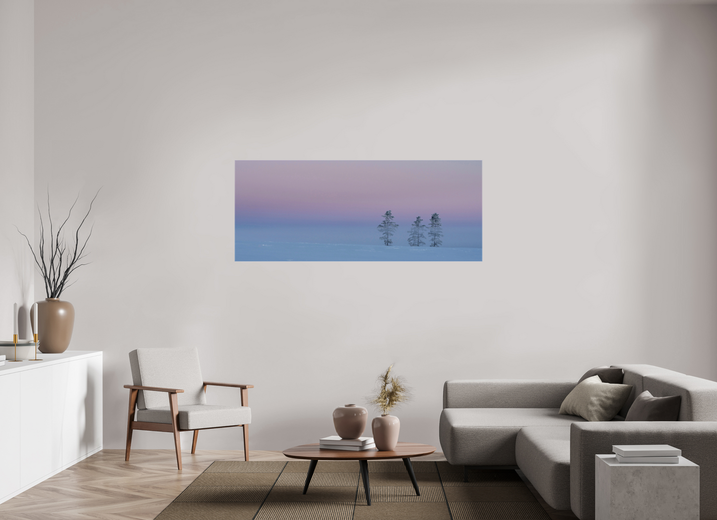 68.9 x 28″, Stretched Canvas Three Pines of Winter