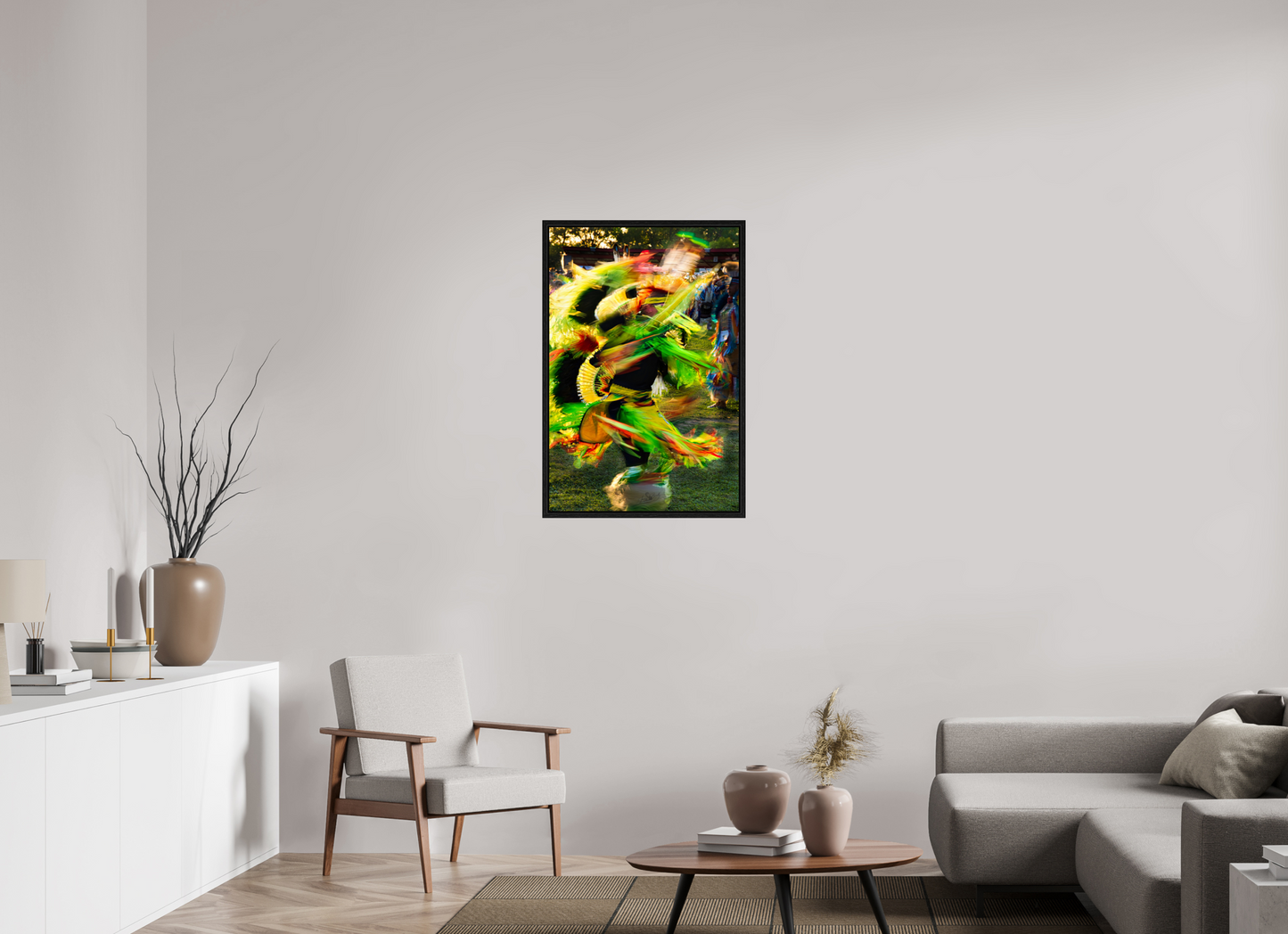 24 x 36″, Floater Frame Powwow dance in motion 1