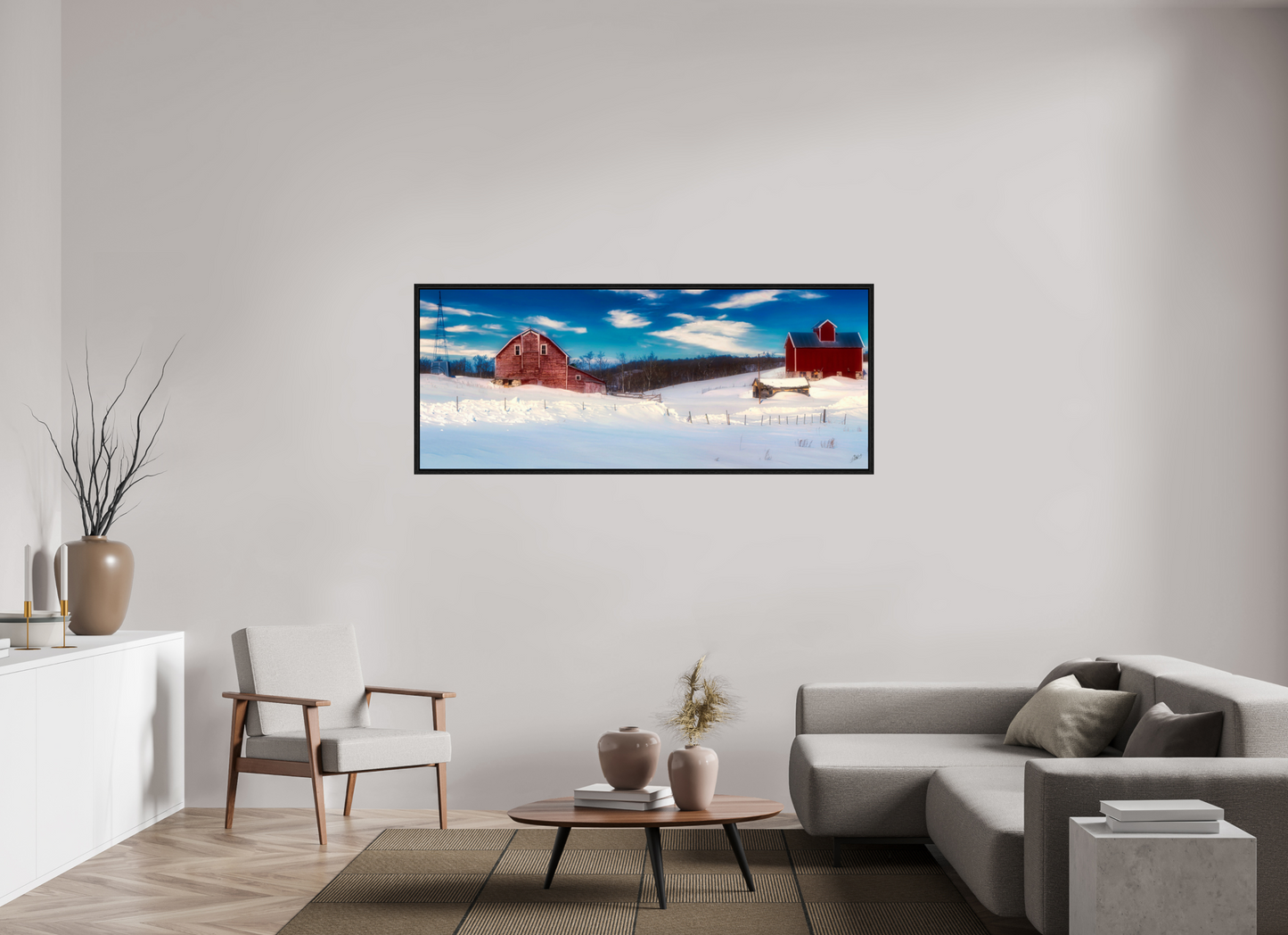 70 x 28″, Floater Frame Red Barn in Winter