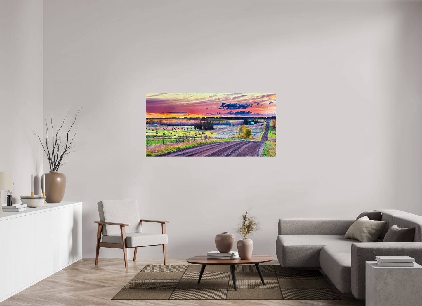 63.9 x 31″, Metal Prints Sunrise over Hay Harvest