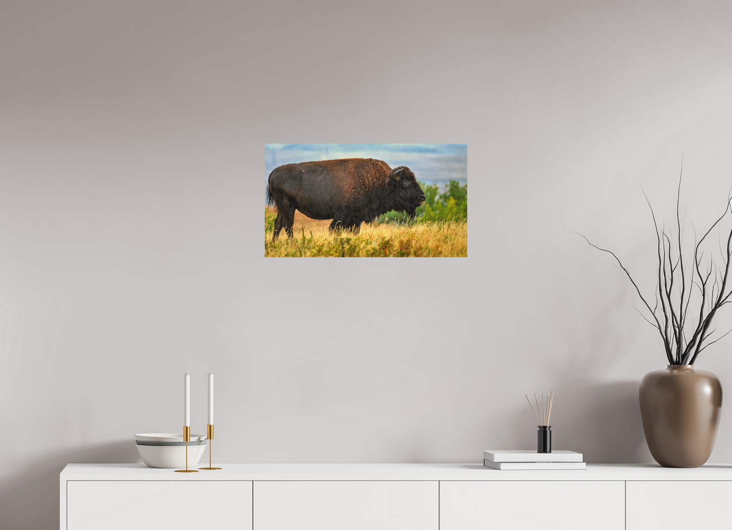 24 x 13.5″, Wood Print Medora Bison in Rain Metal Acrylic Glass