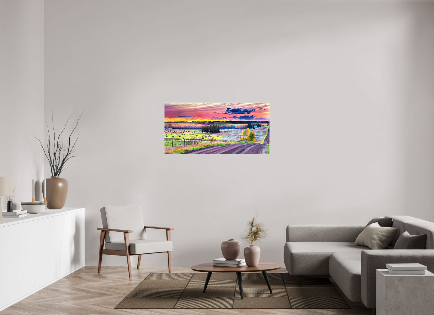 49.4 x 24″, Stretched Canvas Sunrise over Hay Harvest
