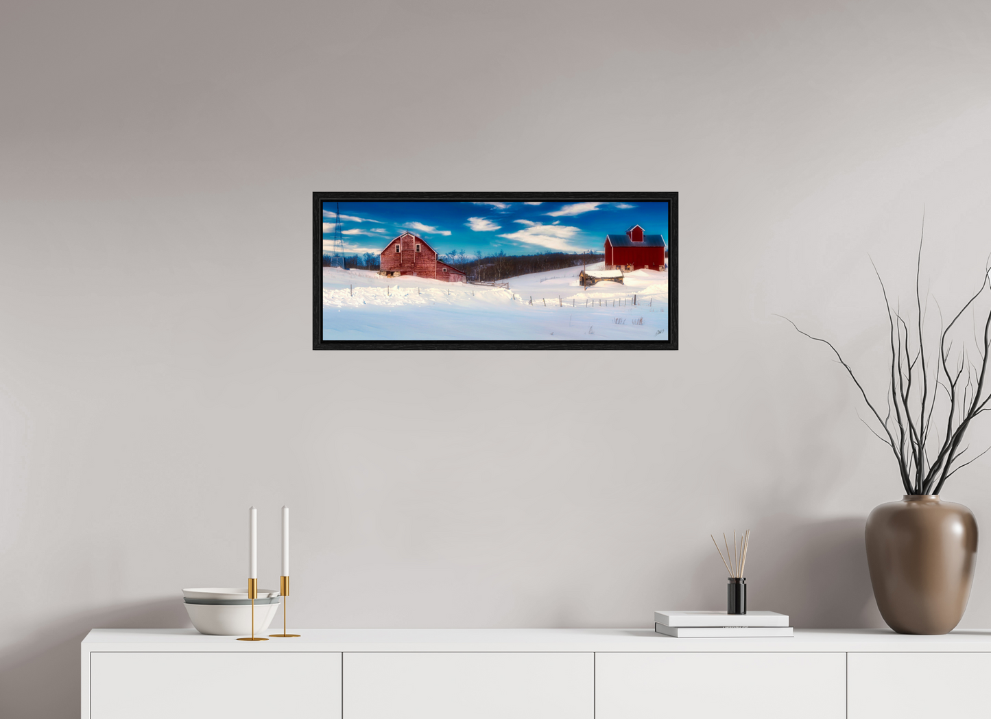 30 x 12″, Floater Frame Red Barn in Winter