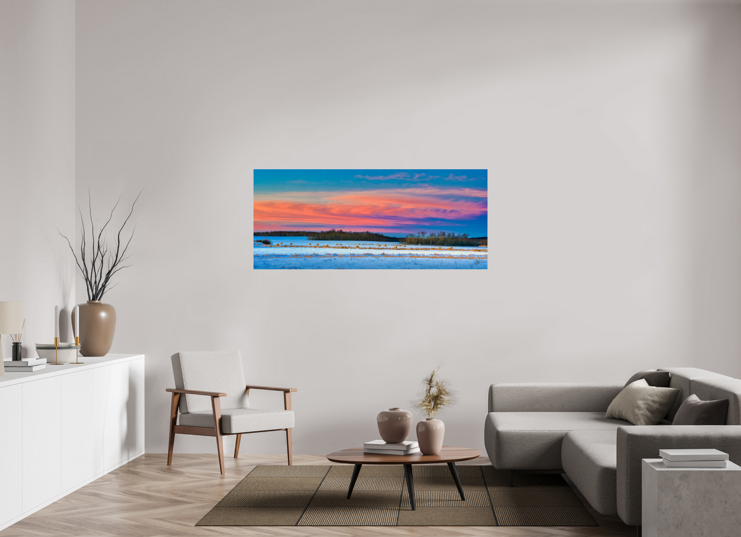 65.4 x 28″, Photo Print Under Acrylic Glass Hay Bales on Winter Morn Metal Acrylic Glass