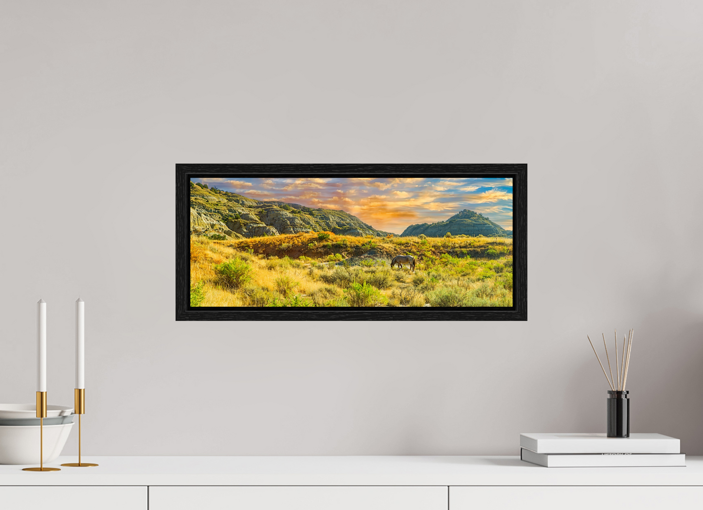 20 x 8″, Floater Frame Badlands Horse On acrylic Glass