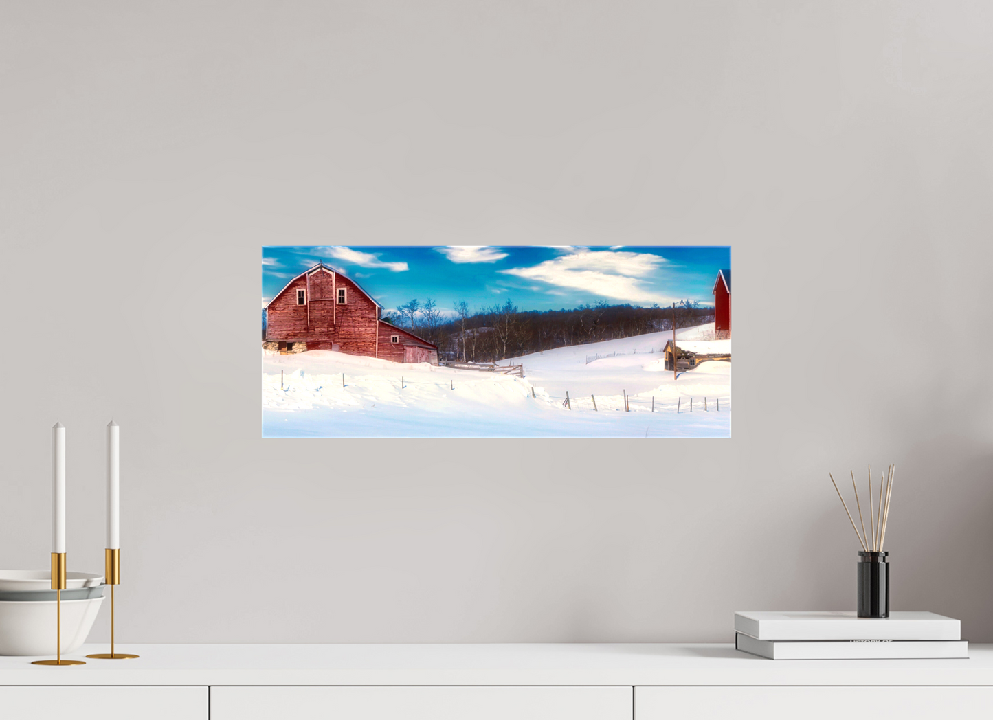 20 x 8″, Stretched Canvas Red Barn in Winter