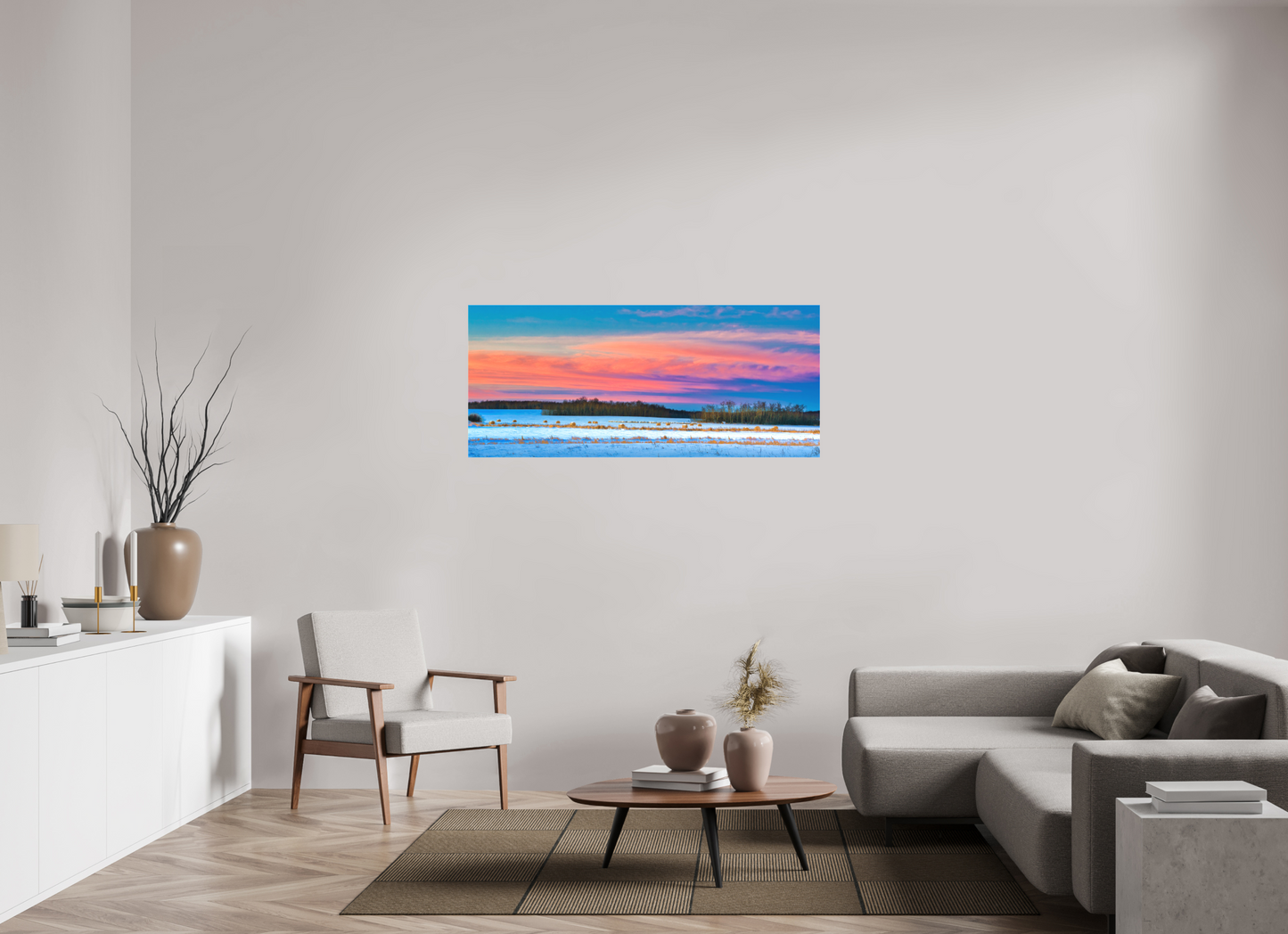 56 x 24″, Fine Textile Canvas Hay Bales on Winter Morn